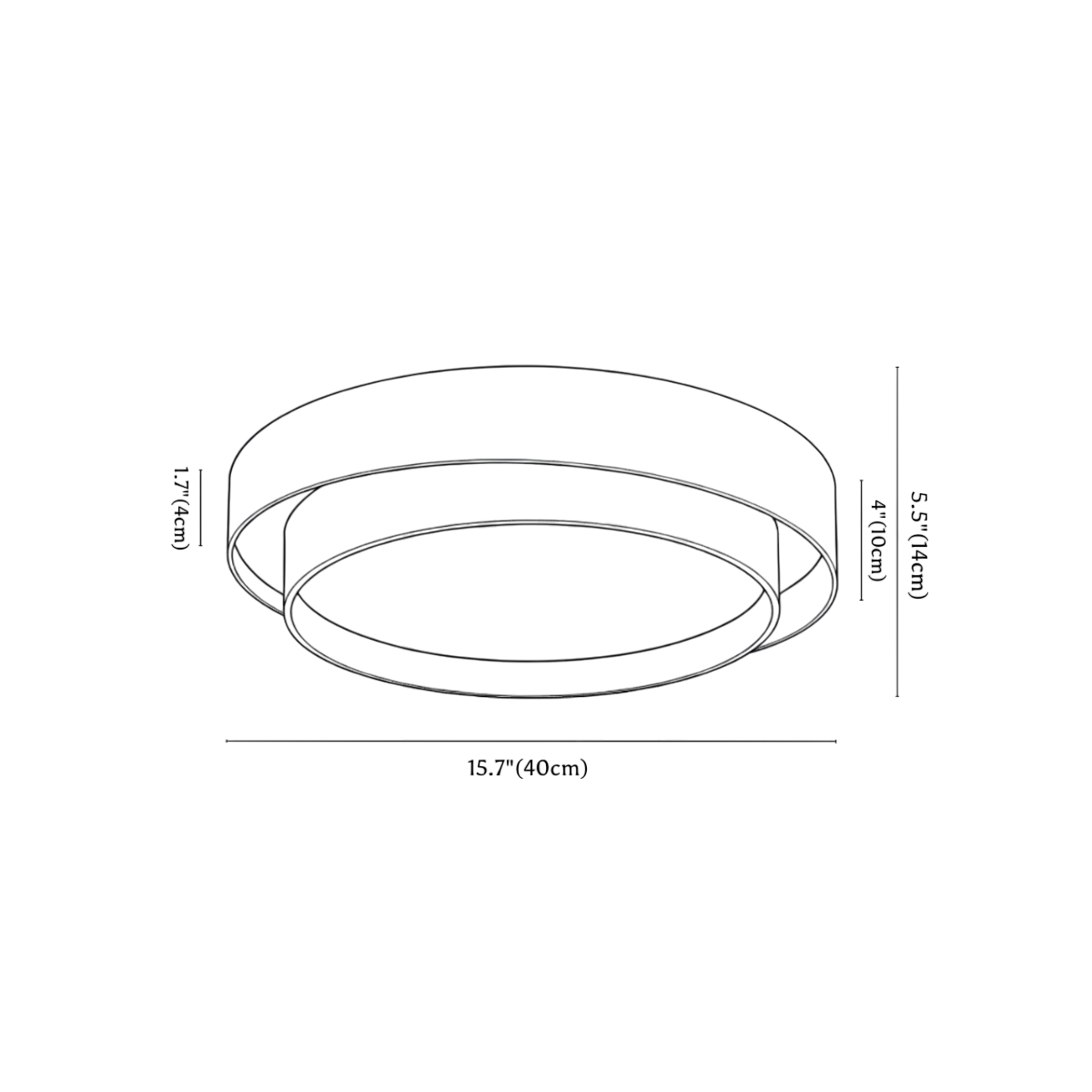 Clérachic ceiling light dimension drawing, 40 cm across, 32 W, every measurement marked in centimetres and inches.