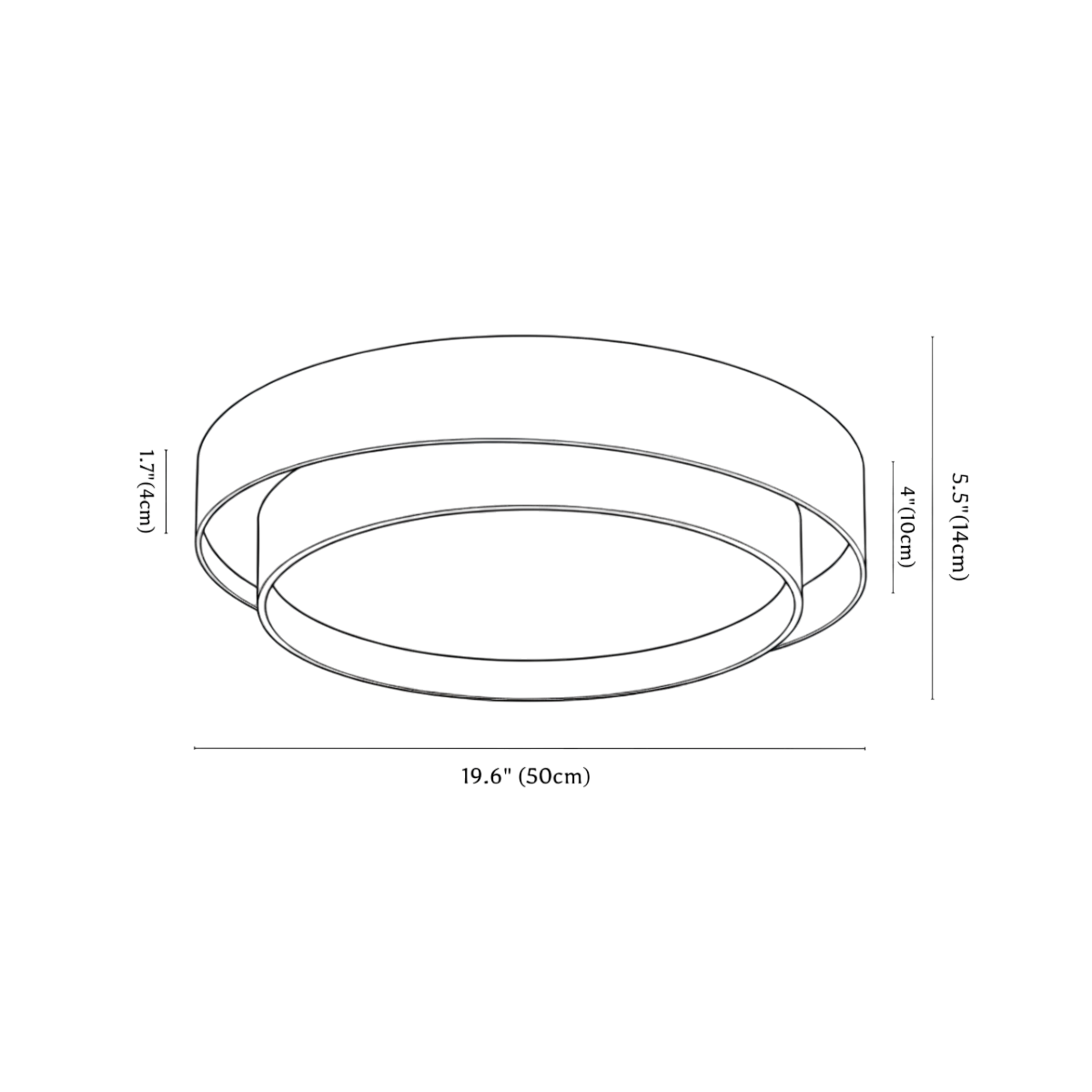 Clérachic ceiling light dimension drawing, 50 cm across, 39 W, every measurement marked in centimetres and inches.
