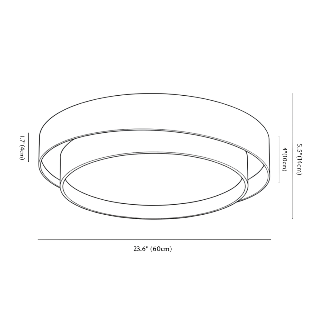 Clérachic ceiling light dimension drawing, 60 cm across, 54 W, every measurement marked in centimetres and inches.