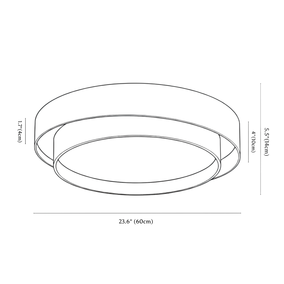 Clérachic ceiling light dimension drawing, 60 cm across, 54 W, every measurement marked in centimetres and inches.