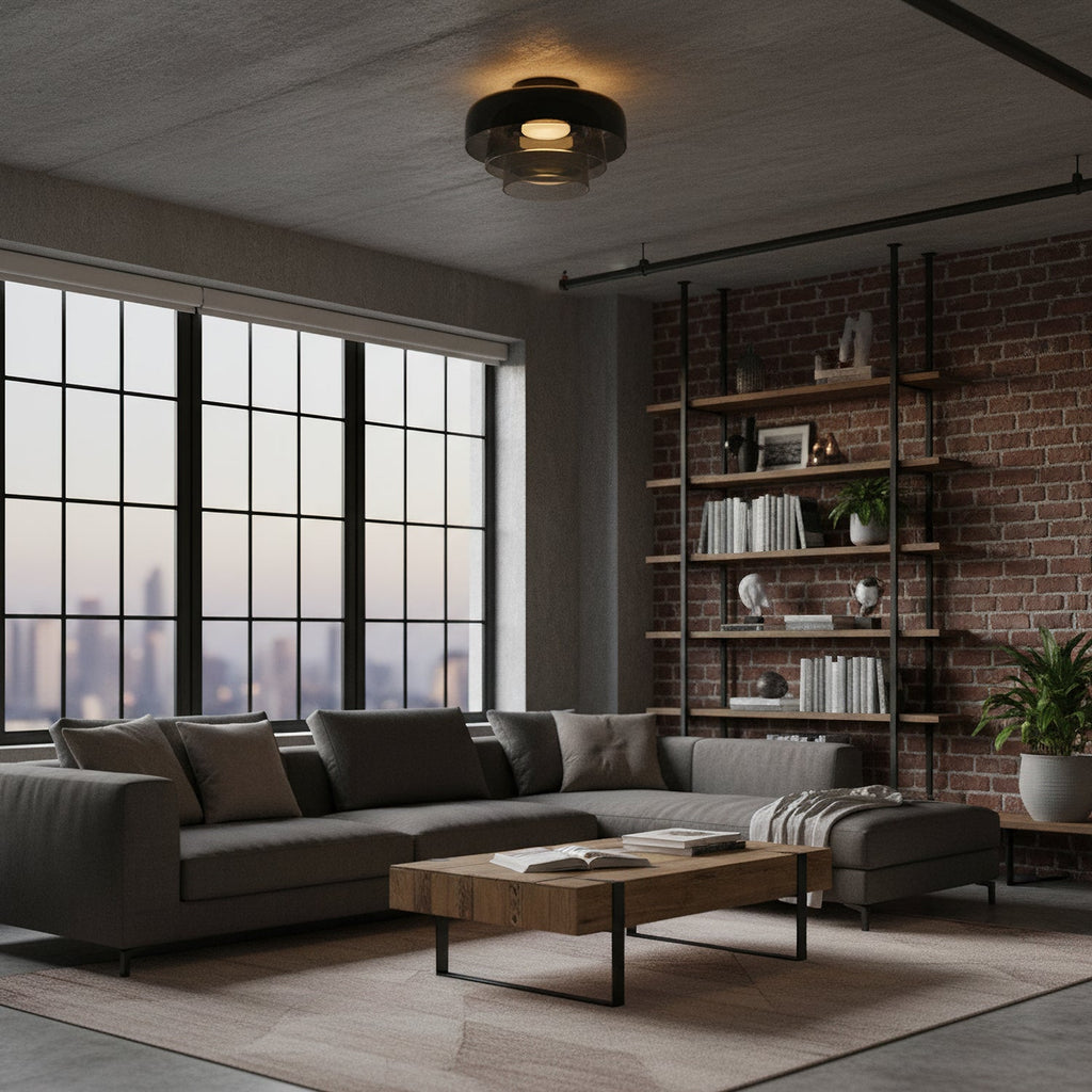 A Clérachic ceiling light with smoky dark glass above a loft living room with a brick wall and tall steel windows.