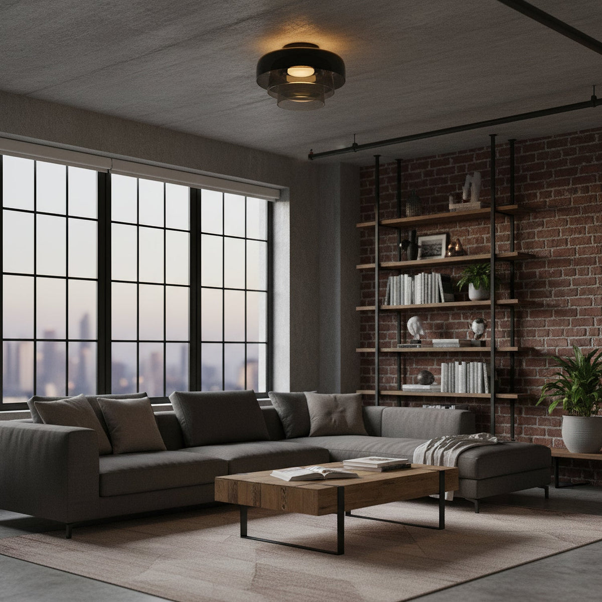 A Clérachic ceiling light with smoky dark glass above a loft living room with a brick wall and tall steel windows.