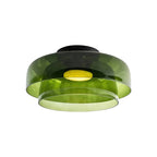 A green glass Clérachic ceiling light with a wide upper shade and a smaller lower layer, on a white backdrop.