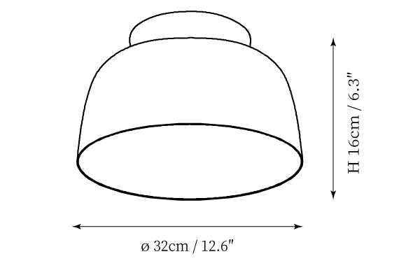Clérachic ceiling light dimension drawing, 1 of 4, every measurement marked in centimetres and inches.