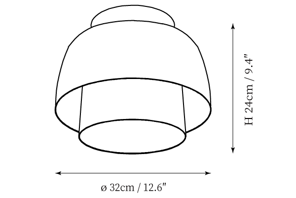 Clérachic ceiling light dimension drawing, 2 of 4, every measurement marked in centimetres and inches.