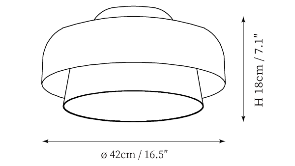 Clérachic ceiling light dimension drawing, 3 of 4, every measurement marked in centimetres and inches.