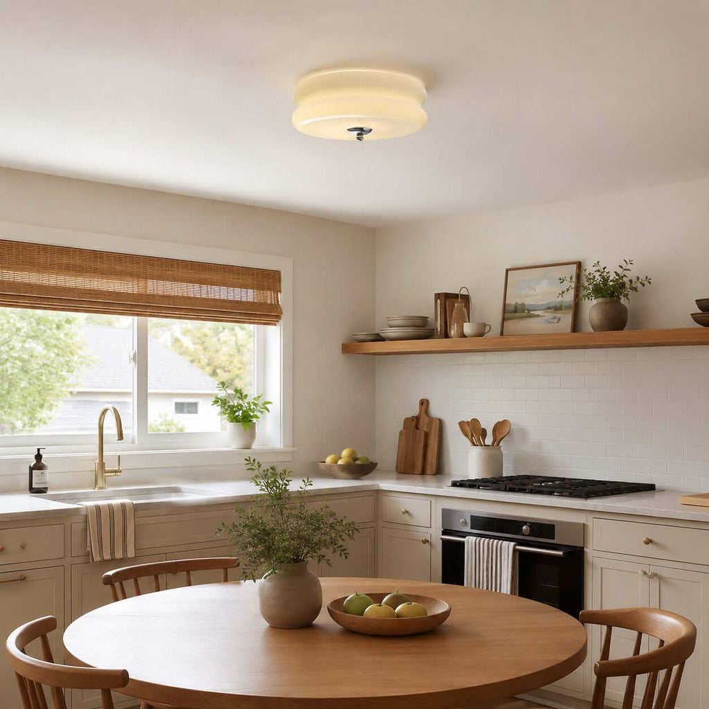 Lit layered glass Clérachic flush mount above a round wooden table in a kitchen with a bamboo blind and an open shelf.