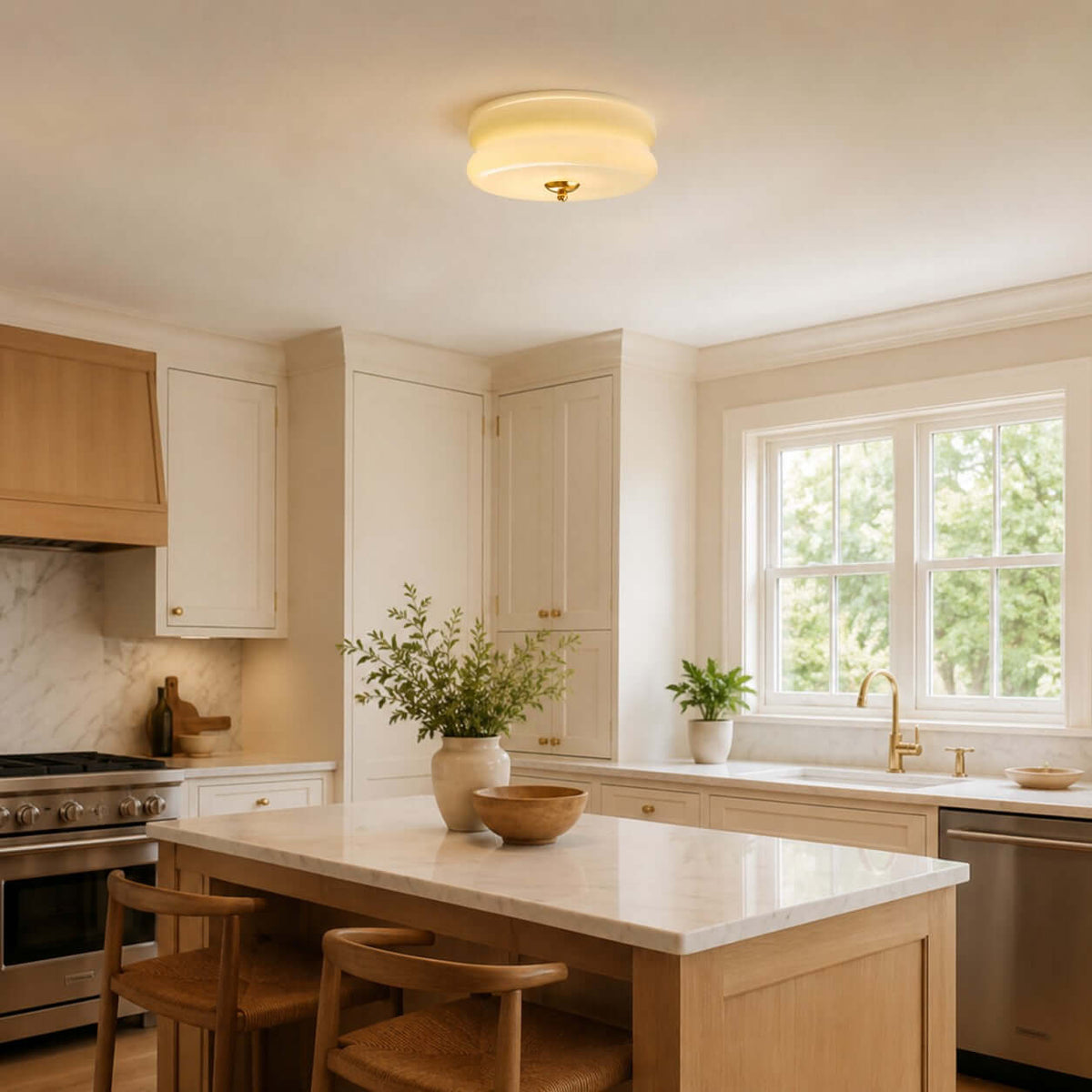 A Clérachic layered glass ceiling light sits flush above a kitchen with cream cabinets, a wooden island and woven stools.