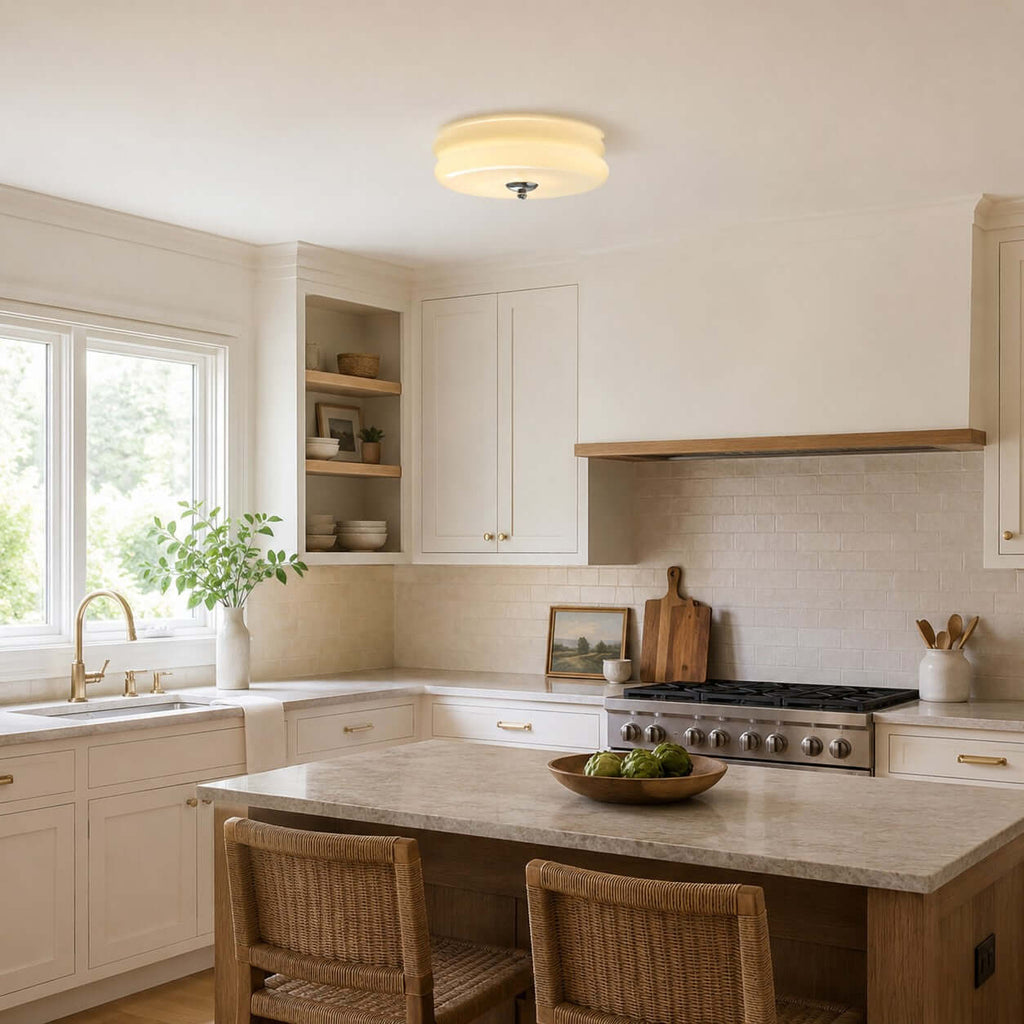 Clérachic flush mount light lit above a kitchen corner with a gas hob, a stone-topped island and rattan seats.