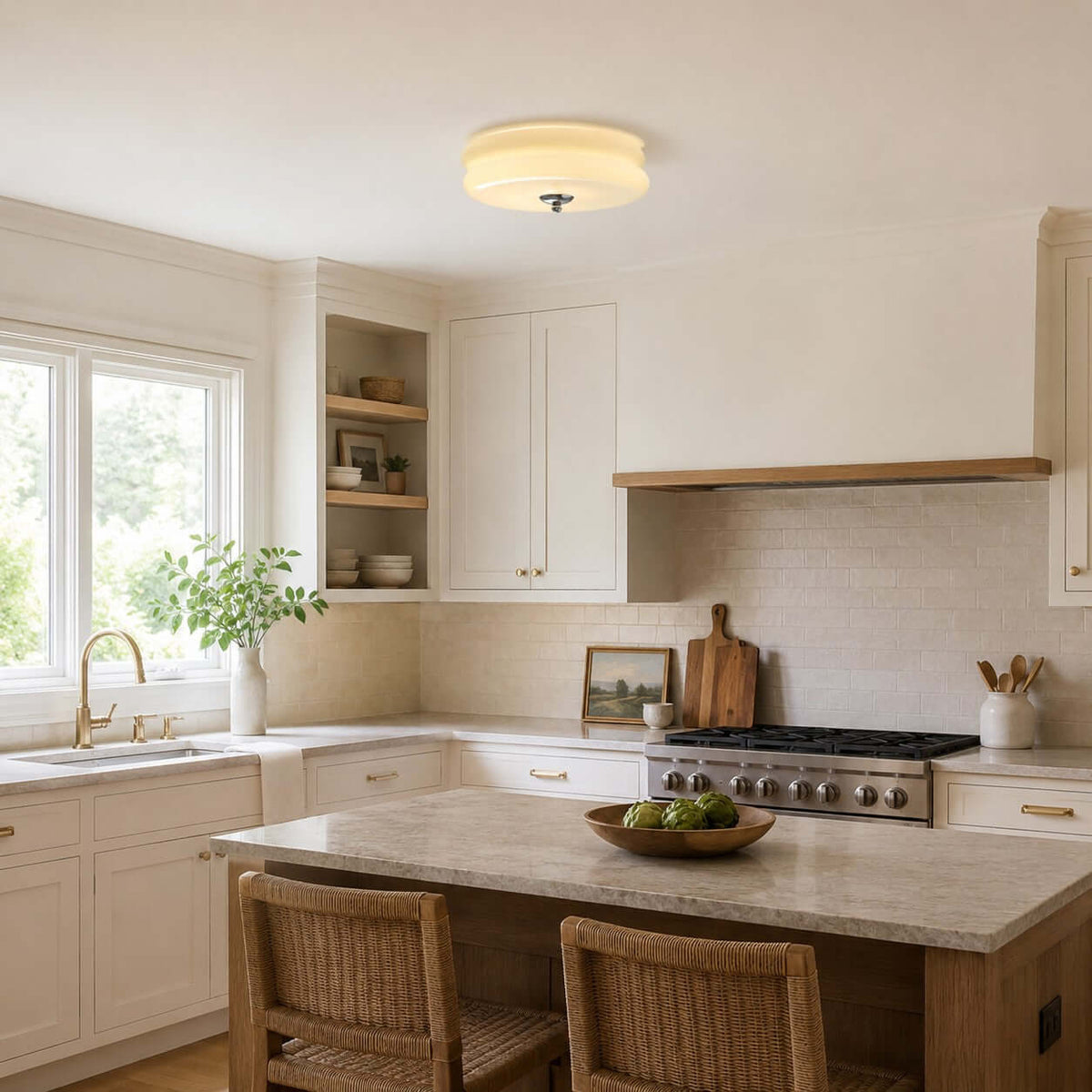 Clérachic flush mount light lit above a kitchen corner with a gas hob, a stone-topped island and rattan seats.