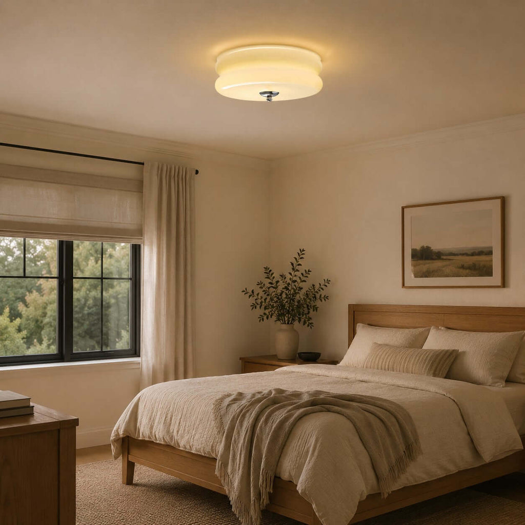 Lit Clérachic flush mount above a bedroom with a wooden bed, a knitted throw and a window with a bamboo blind.