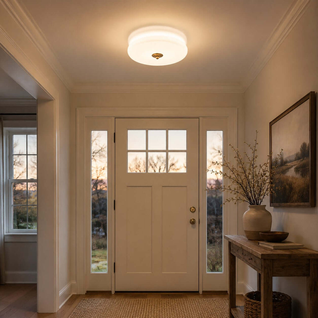 Warm light from a Clérachic flush mount falls in an entrance hall with a glazed front door, side windows and a wooden console.