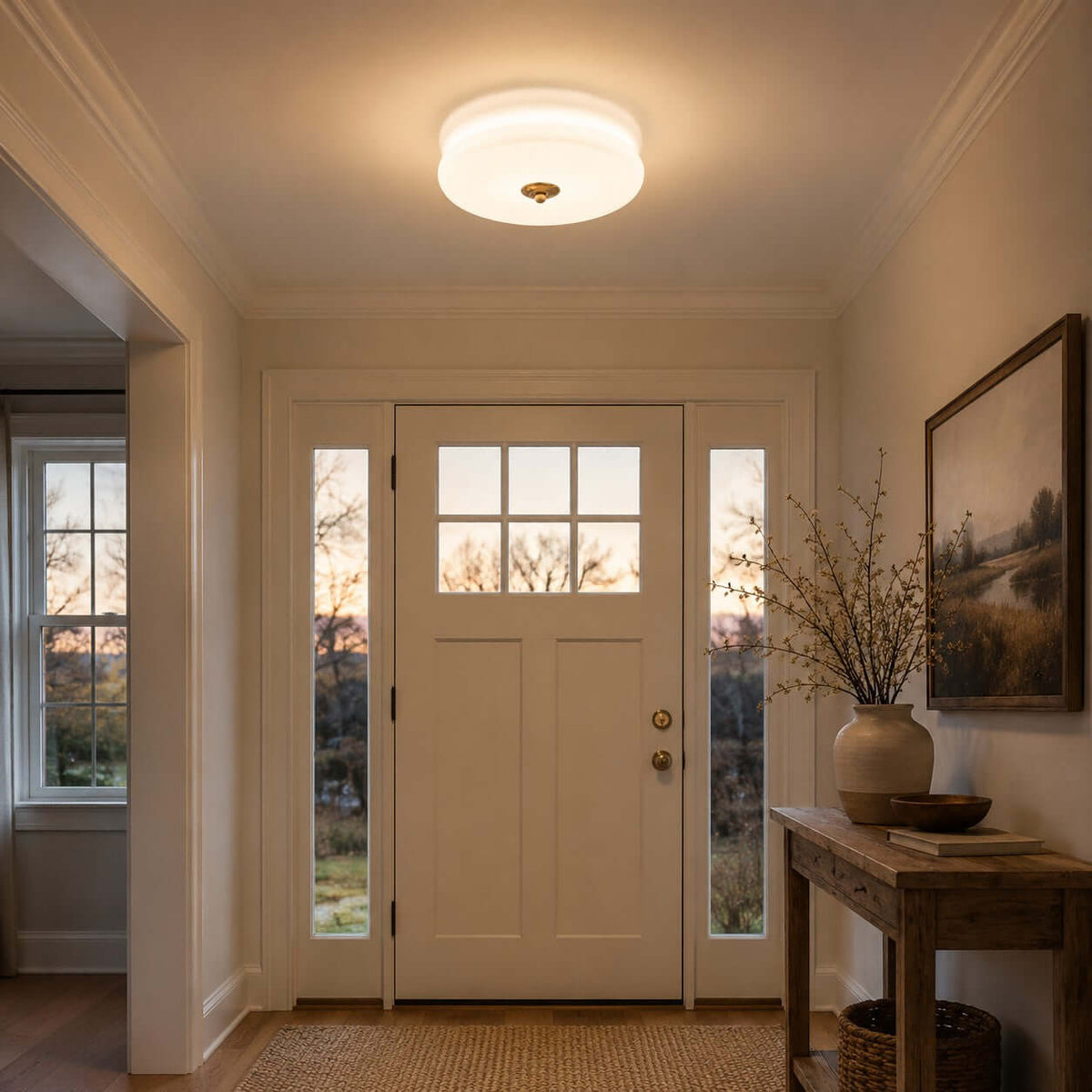 Warm light from a Clérachic flush mount falls in an entrance hall with a glazed front door, side windows and a wooden console.