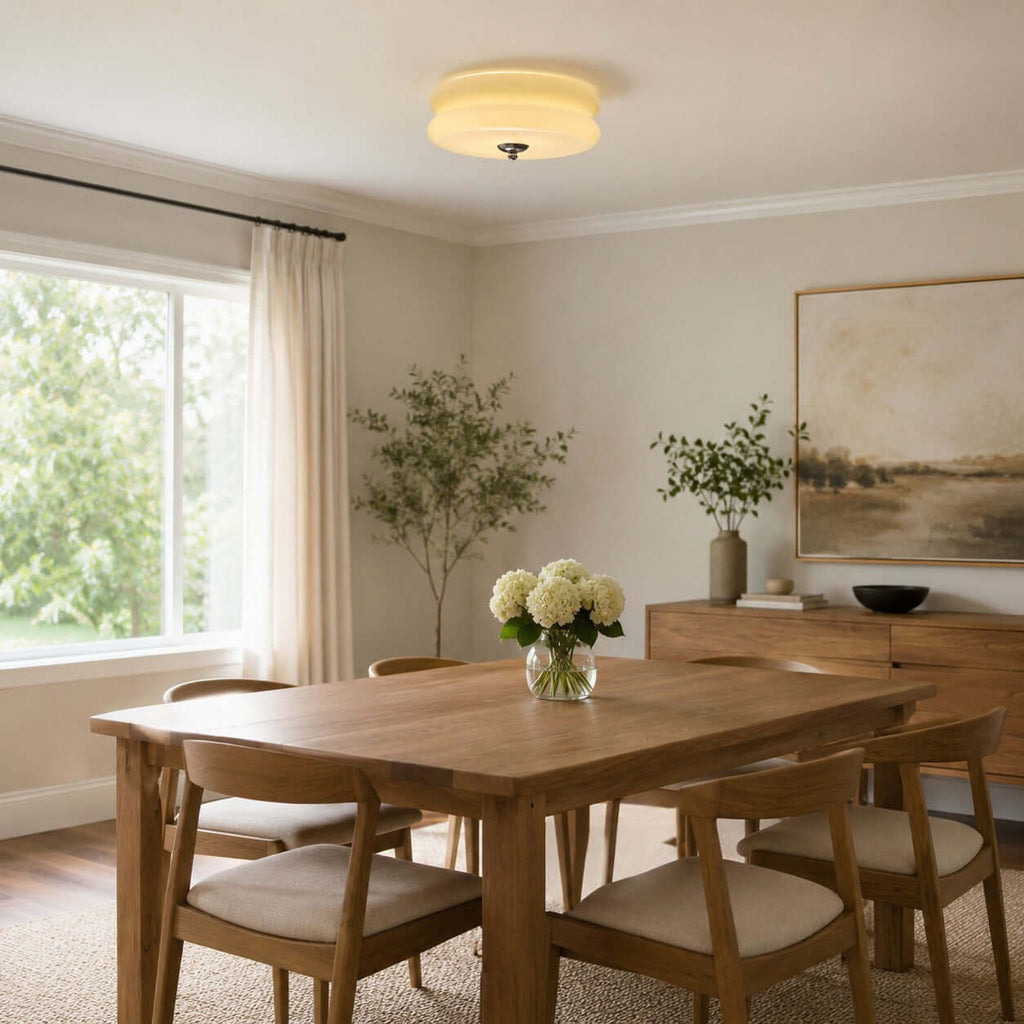 Clérachic layered glass flush mount over a wooden dining table with cushioned chairs, white hydrangeas and a tall window.