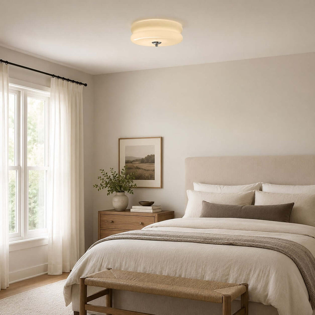 This Clérachic flush mount sits above a cream bedroom with a linen bed, a woven bench and a wooden bedside table by the window.