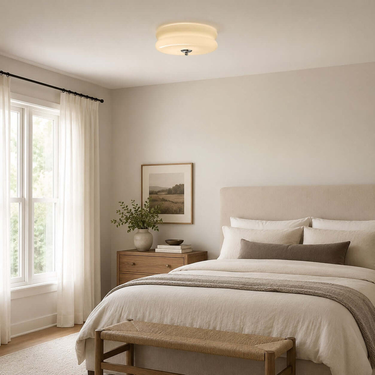 This Clérachic flush mount sits above a cream bedroom with a linen bed, a woven bench and a wooden bedside table by the window.