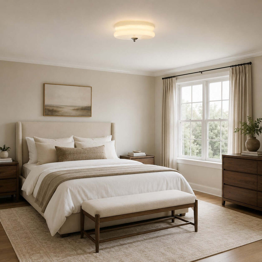 A Clérachic layered glass flush light above a bedroom with an upholstered headboard, a bench at the foot and a patterned rug.