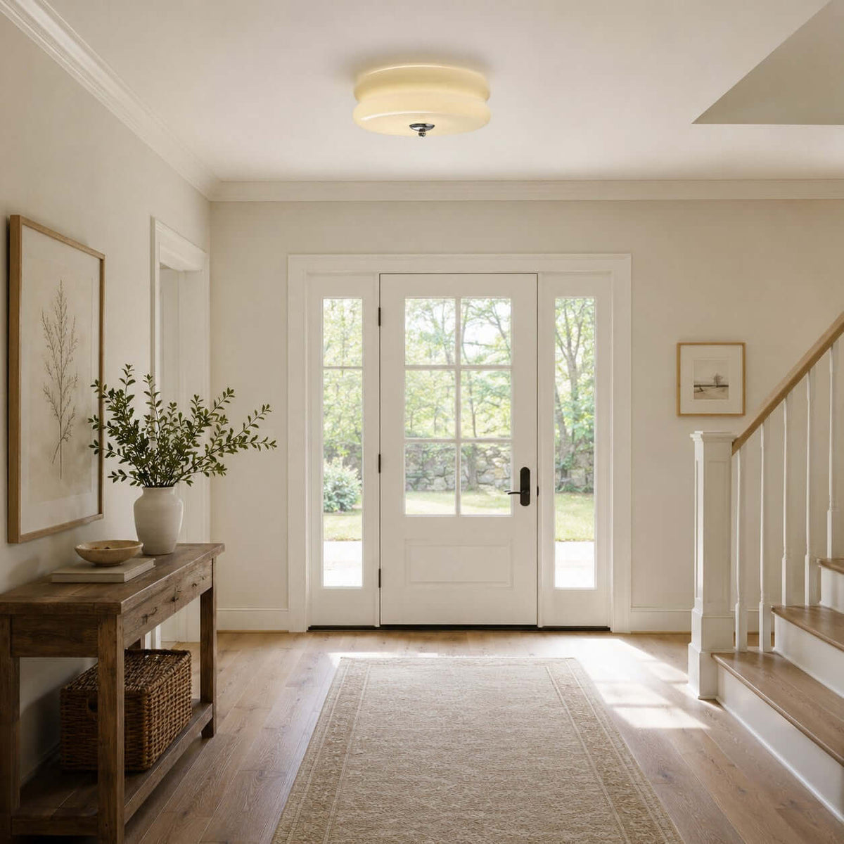 A Clérachic ceiling light in an entrance hall with a glazed double door, a staircase and a wooden console with a basket below.