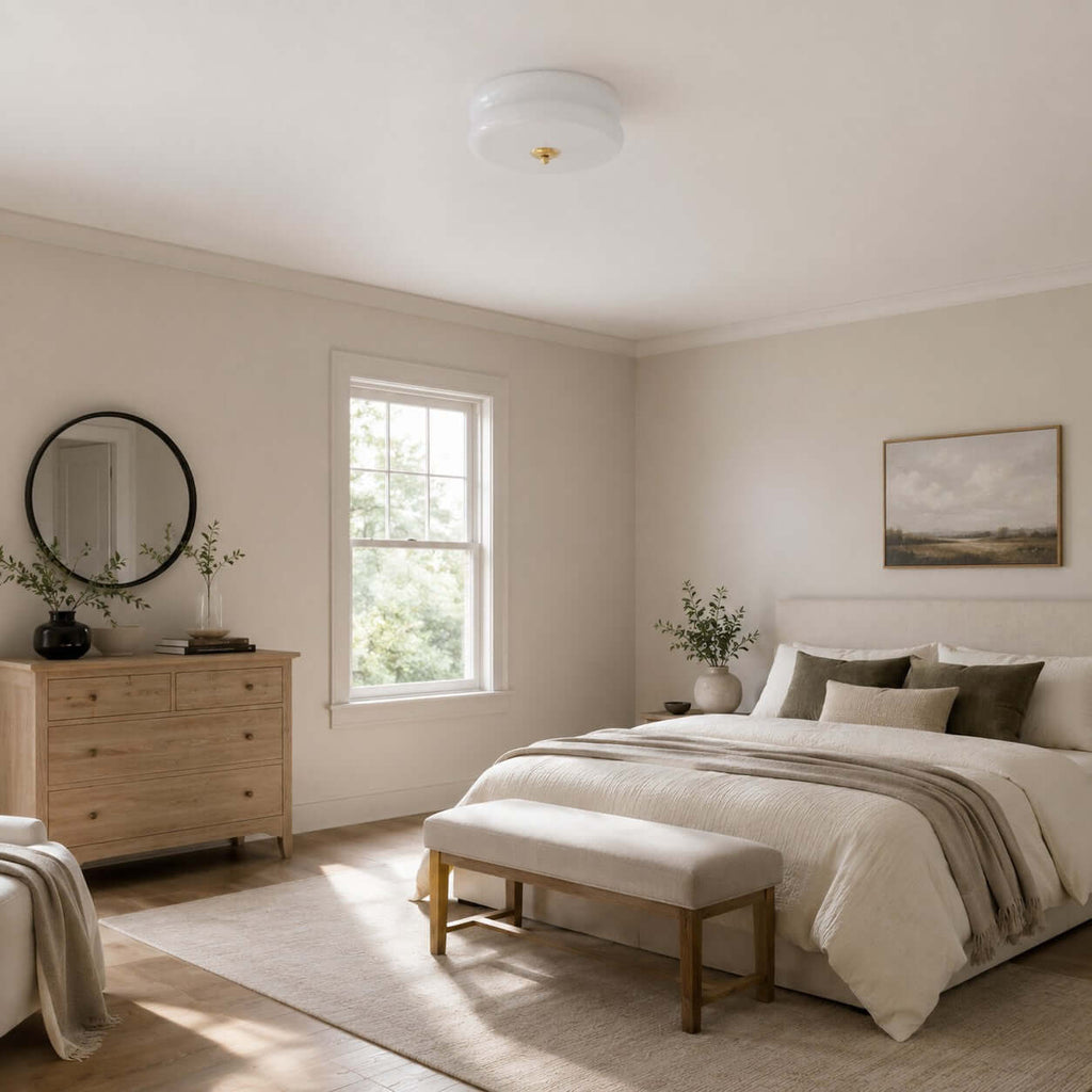 This unlit white Clérachic flush mount sits on the ceiling of a bedroom with a pale chest of drawers, a round mirror and a bench.