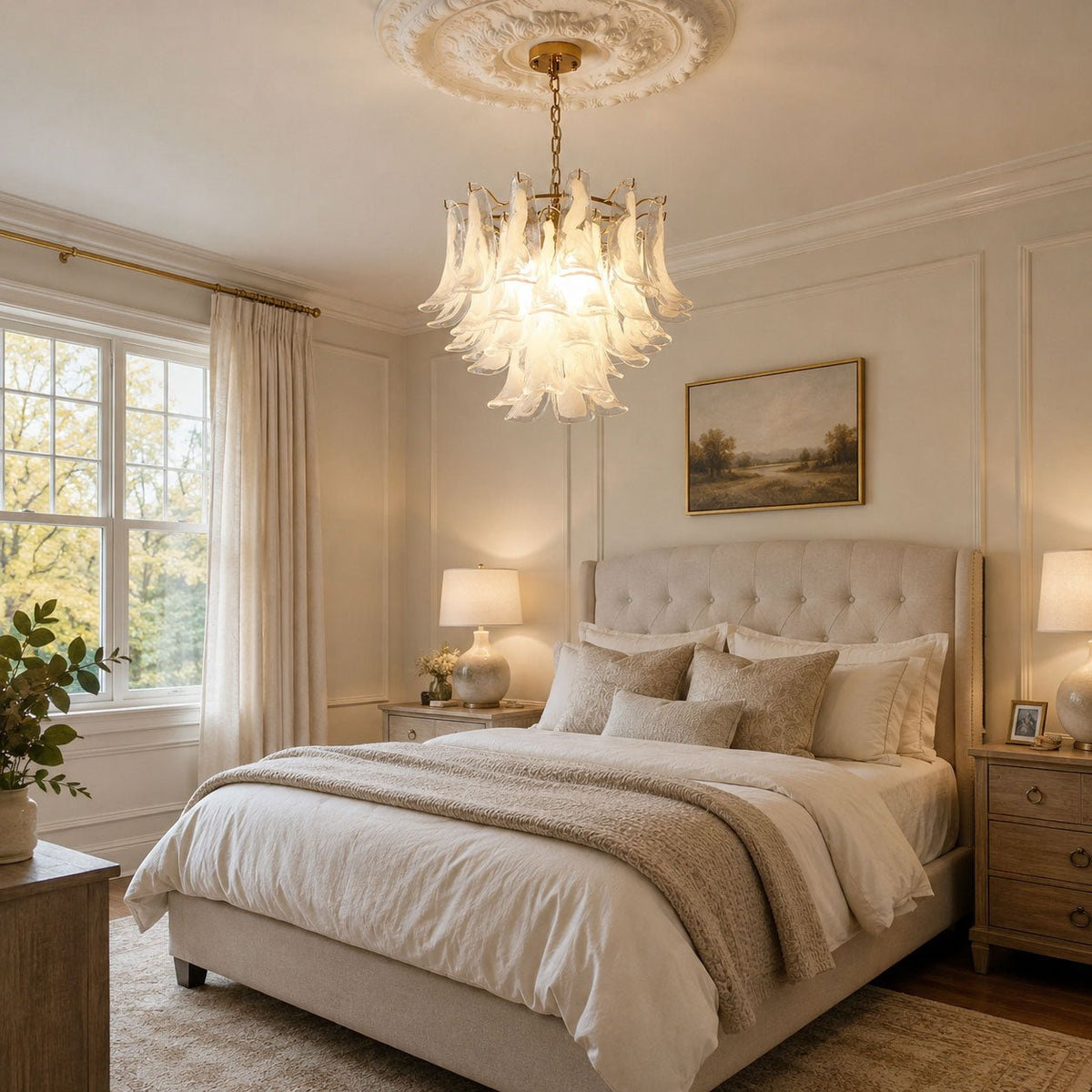White cloud glass leaves on a Clérachic chandelier glow over a tufted bed, with sheer curtains and a window at the left.