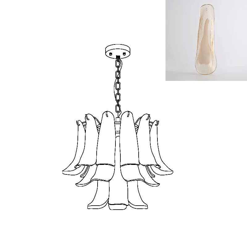 This Clérachic chandelier drawing is paired with a swatch of a pale, cloudy beige glass leaf.