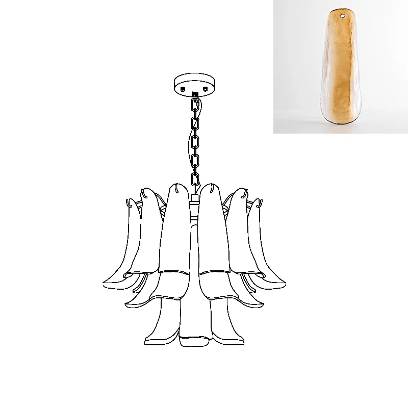 Compact line drawing of a Clérachic chandelier, with a swatch of a tan glass leaf that clears toward the edge.