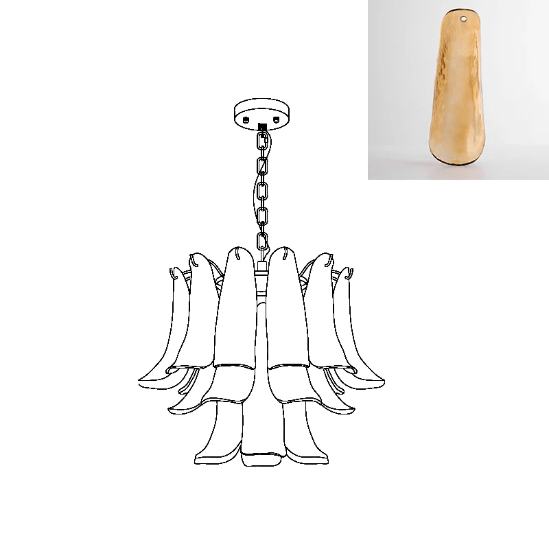 Line drawing of this Clérachic glass leaf chandelier, with a warm tan-amber leaf swatch in the corner.