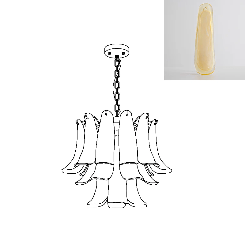 Clérachic chandelier line drawing with an inset swatch of a pale yellow glass leaf, edged in deeper gold.