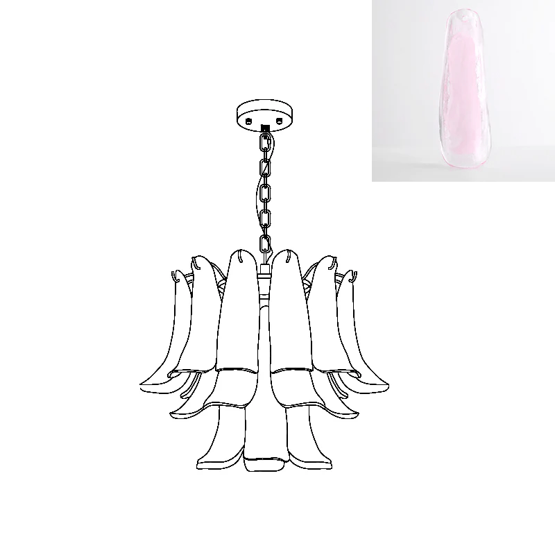 Chandelier line drawing from Clérachic with a swatch of a light blush-pink glass leaf.