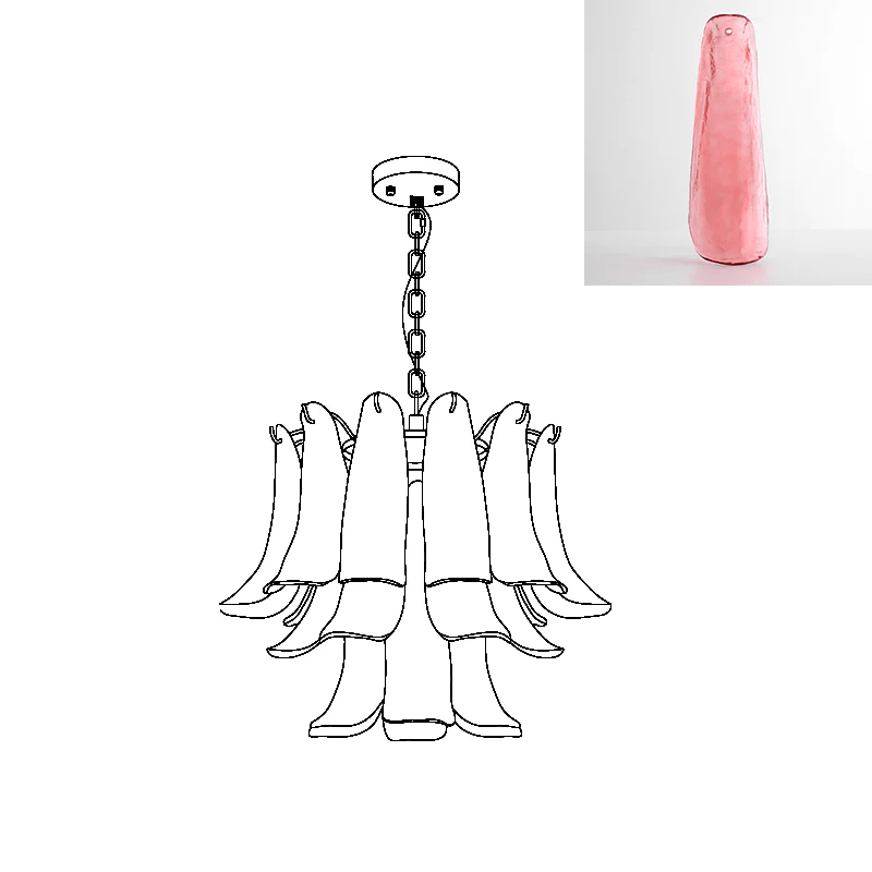 Line drawing of a smaller Clérachic chandelier, beside a swatch of a coral-pink glass leaf.