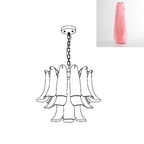 Line drawing of a smaller Clérachic chandelier, beside a swatch of a coral-pink glass leaf.