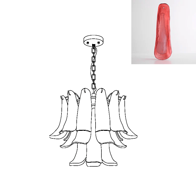A deep red translucent glass leaf swatch accompanies this line drawing of a Clérachic chandelier.