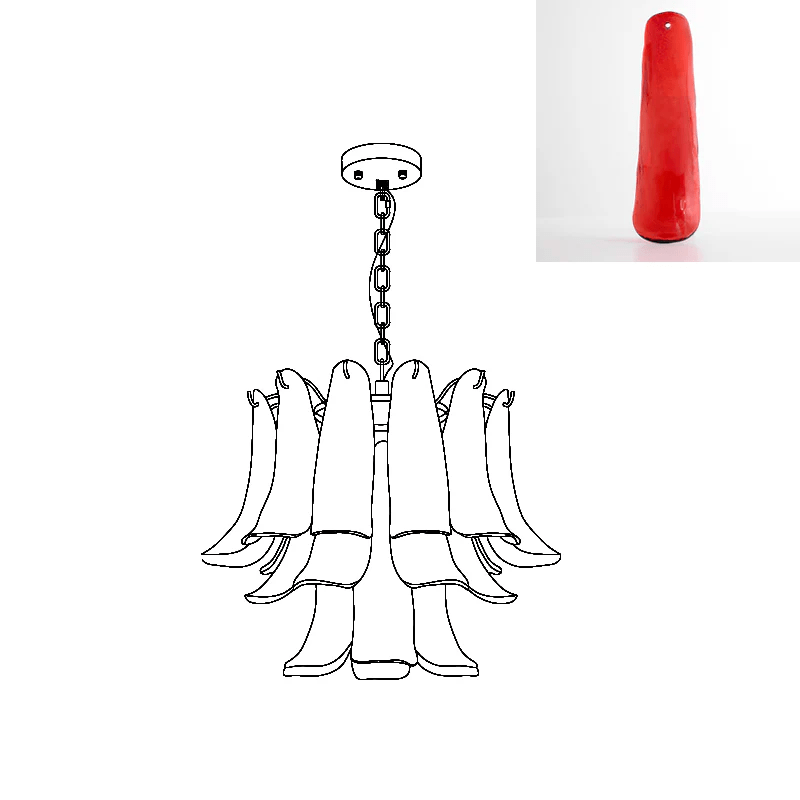 Slim line drawing of this Clérachic chandelier, with a bright red glass leaf shown in a small inset.