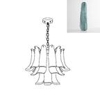 Chandelier line drawing from Clérachic beside an inset swatch of a dusty teal glass leaf.