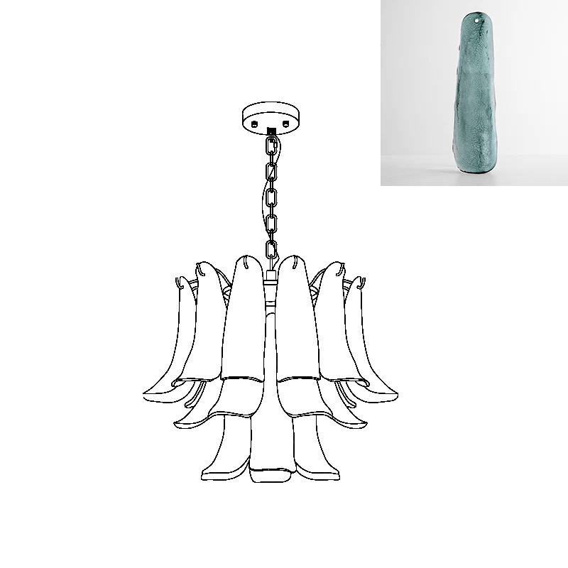 Chandelier line drawing from Clérachic beside an inset swatch of a dusty teal glass leaf.