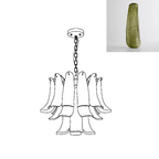 A single olive-green glass leaf swatch sits next to a compact line drawing of this Clérachic chandelier.