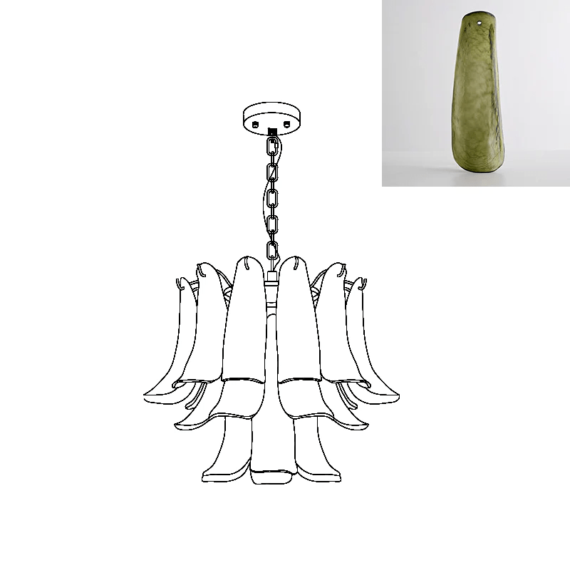 A single olive-green glass leaf swatch sits next to a compact line drawing of this Clérachic chandelier.