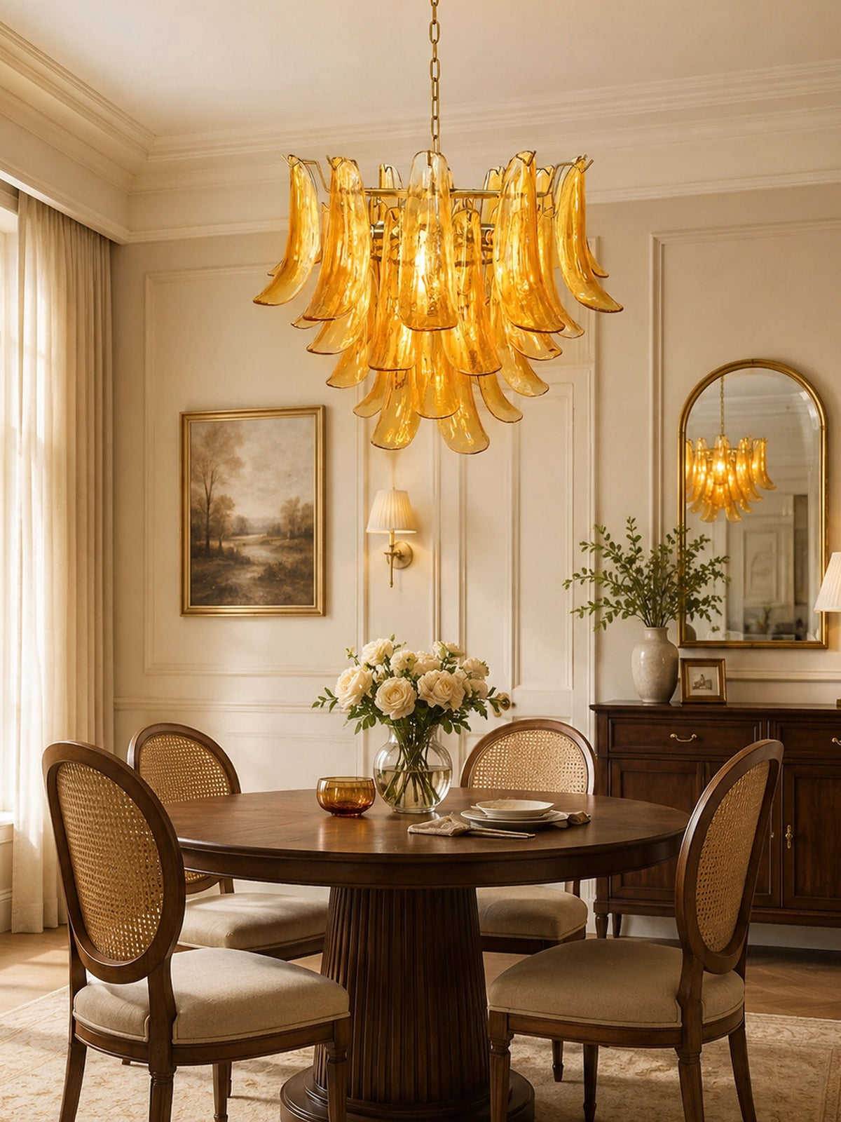Warm amber light from a Clérachic glass leaf chandelier over a round dark dining table with cane-backed chairs.
