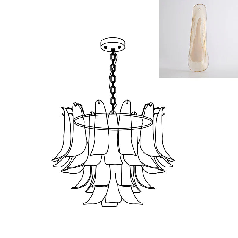 Line drawing of this Clérachic chandelier with a ring frame, beside a swatch of a cloudy cream glass leaf.