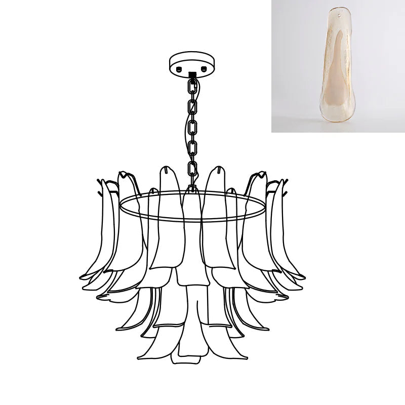 Clérachic chandelier line drawing in a wider build, with an inset swatch of a milky pale beige glass leaf.