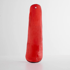 A single glossy red glass leaf with a hanging hole at the top, shown upright on a light grey background from Clérachic.
