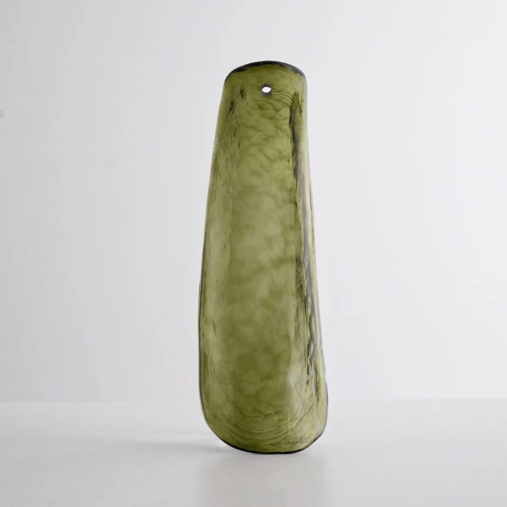 Olive-green glass leaf with a mottled, cloudy surface, shown upright on a light grey background from Clérachic.