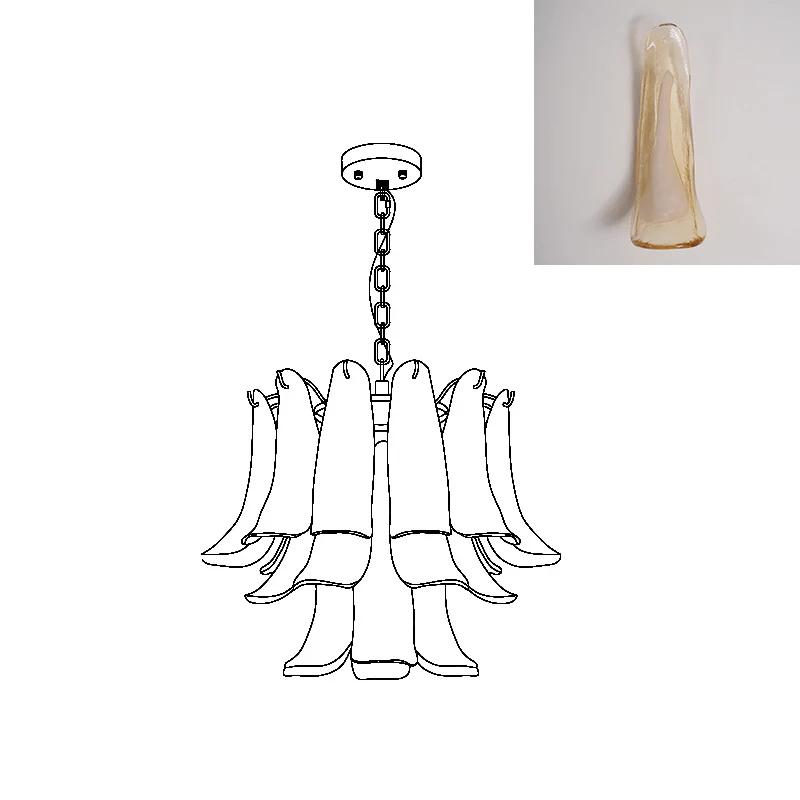 Compact line drawing of this Clérachic chandelier, with an inset swatch of a pale amber, cloudy glass leaf.