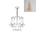 Compact line drawing of this Clérachic chandelier, with an inset swatch of a pale amber, cloudy glass leaf.