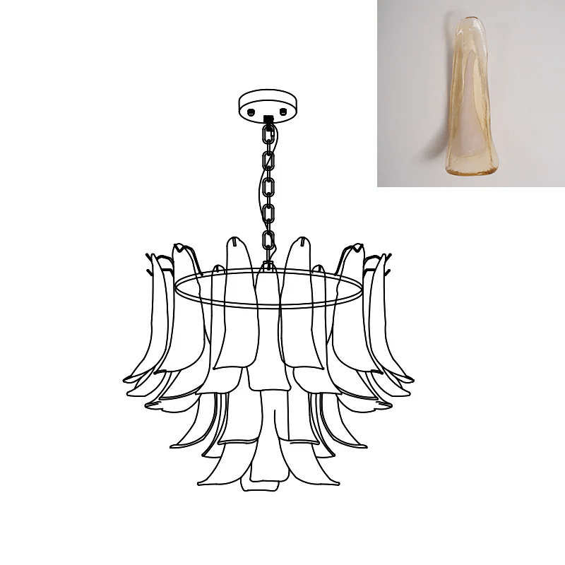 Line drawing of this Clérachic chandelier with its ring frame, beside a swatch of a honey-toned glass leaf.