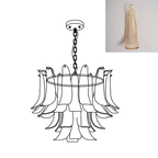 Clérachic chandelier line drawing in a fuller build, with a small inset of a cream and amber glass leaf.