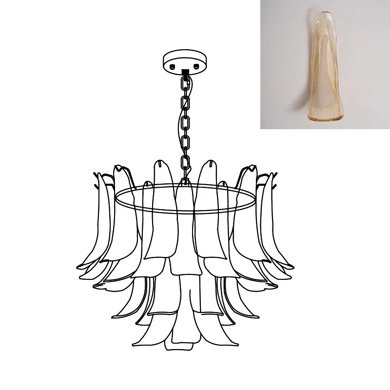 Clérachic chandelier line drawing in a fuller build, with a small inset of a cream and amber glass leaf.