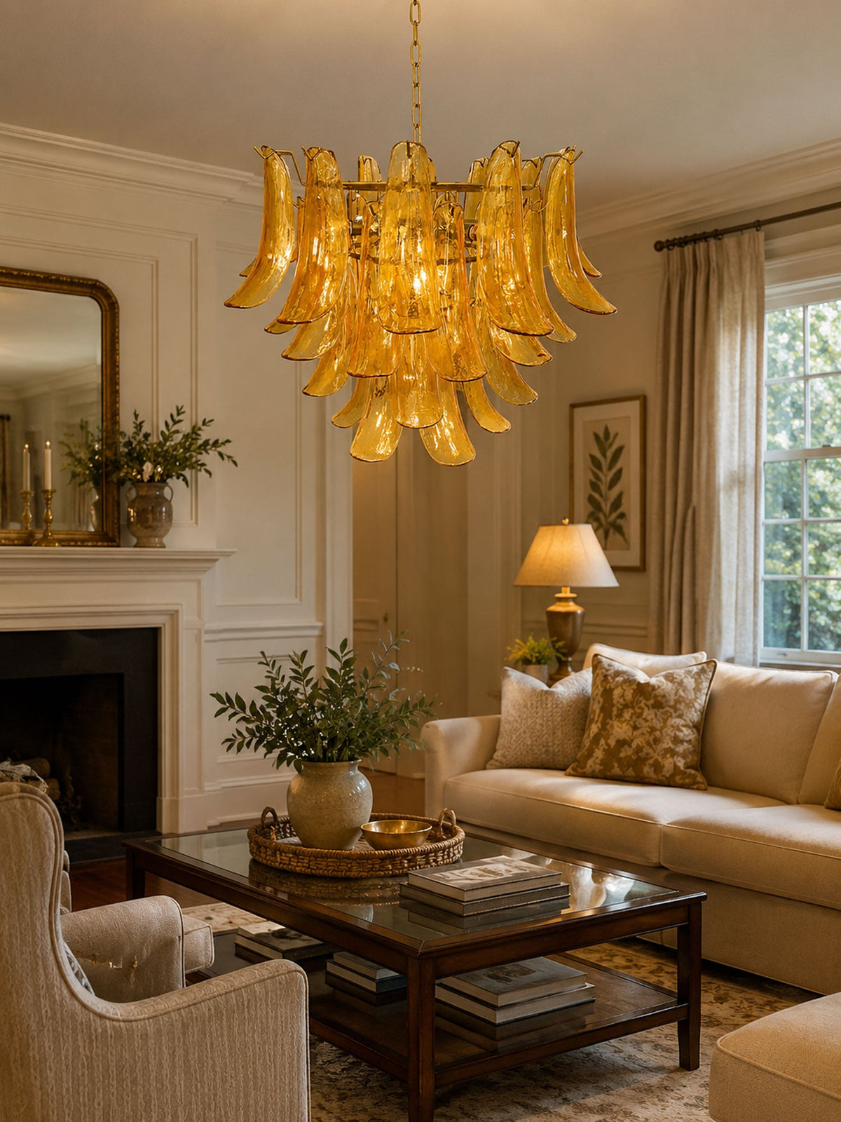 Golden amber Clérachic chandelier above a glass-topped coffee table in a sitting room with a fireplace and a cream sofa.