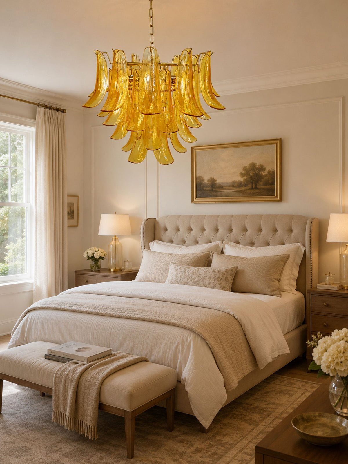 Amber glass leaves on a Clérachic chandelier hang over a tufted bed with a bench at its foot and a landscape painting on the wall.