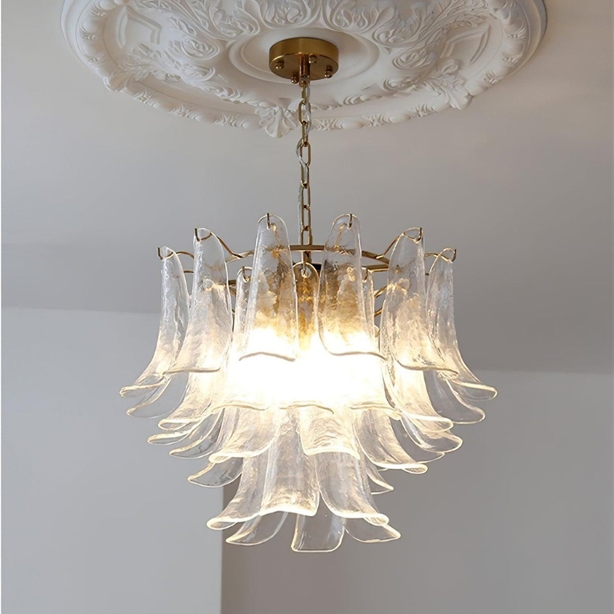 Looking up at a clear glass leaf chandelier from Clérachic, hung from a brass canopy and a decorative ceiling rose.